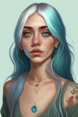 Young woman with big grey eyes, light brown skin, rosy cheeks, long silver earrings, really long straight blue hair, round face, slim body, big bobs, green shirt, red flower tattoo on collarbone,