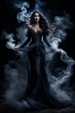 In the depths of the night, a stunningly beautiful demonic woman dressed in a smoke flying gracefully through in the dark smokey night, her every movement seeming to exude an otherworldly allure. The dark and mystic atmosphere is heightened by the smoky background with stars, creating a surreal and hauntingly beautiful scene. The dark colors of her dress blend seamlessly with the fog, making her appear as if she is a part of the very air itself, masterpiece, dark fantasy