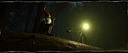 style John Atkinson Grimshaw,3d airbrush render, cut out darkling slender gnome sitting on a huge log on a huge bike with bright aura , pinhole cam, airbrush 3d rendering, torn edges on border