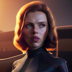 retro sci-fi portrait image from 1960, supermarket parking explosion, fire, classic black widow, young Scarlett Johansson, tight lycra suit, soft color, highly detailed, unreal engine 5, ray tracing, RTX, lumen lighting, ultra detail, volumetric lighting, 3d, finely drawn, high definition, high resolution.