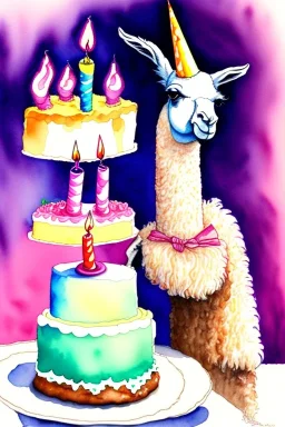 A llama having a birthday cake. Watercolour