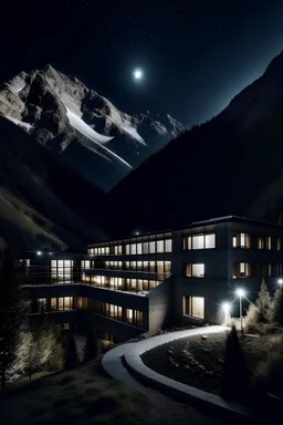 école d'architecture dans les montagnes le soir