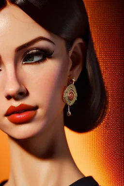 Young business woman, dark orange eyes, dark brown hair, elegant hair, gold hoop earrings, waist up portrait, 8k resolution, intricate details, ornate details, soft lighting, vibrant colors, retroanime, masterpiece, realistic, intricate eyeliner, dark eyeshadow, eyes,futuristic cityscape background