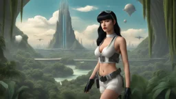 Photorealistic, Full Body Photo Of A Sci-Fi Pin-Up Girl, With Dark Hair and bangs, On An Alien sci-fi jungle Planet With Cloud Trees, Tall Spires, Buildings, Bridges, and Arches