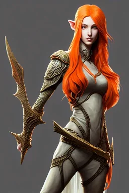 painting of a tall elven young woman with short light orange hair and freckles on the cheak bones and tall body of a topmodel light clothes, long shot, ultra realistic, concept art, intricate details, eerie, highly detailed, photorealistic, octane render, 8 k, unreal engine. art by artgerm and greg rutkowski and charlie bowater and magali villeneuve and alphonse mucha