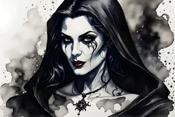 ink wash and watercolor silkscreen print of a dark medieval female vampire sorceress , with highly detailed facial features ,in the style Ann Chernow, with a fine art aesthetic, highly detailed , realistic , 4k UHD cinegraphic quality