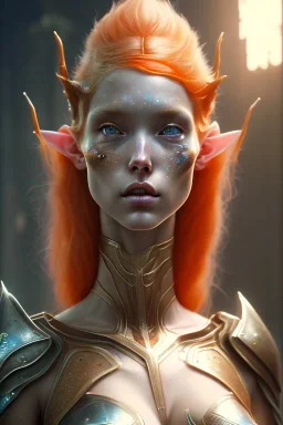 painting of a tall elven young woman with short light orange hair and freckles on the cheak bones and tall body of a topmodel light armor, full body, ultra realistic, concept art, intricate details, eerie, highly detailed, photorealistic, octane render, 8 k, unreal engine. art by artgerm and greg rutkowski and charlie bowater and magali villeneuve and alphonse mucha