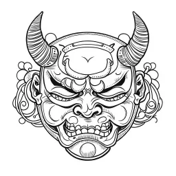 White, minimalis line art , oni mask japanes funny fat, vector, white background, outline, with images neatly contained within the background, just black and white color,