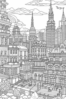 various architectural landmarks and cityscapes, coloring book page, simple and clean line art, adult drawing book, low details, black and white, crisp black lines, no shades, sharp lines, coloring book for adults, cartoon style, landscape