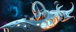 portrait of space captain gnome illithid, , priest psycho, in cockpit, celtic knot hollow tube transparent core ornate indented space ship, shiny bright mega ship flourescent white blue like bubble gum with a few big windows and decks, interdimensional twister, rock against colored spaced fog, space interior. split tail, winged serpent, glowing aura