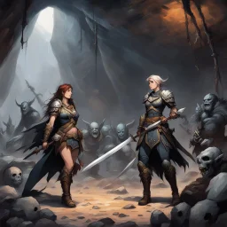 [art by Le Tendre et Loisel (la quite de l oiseau du temps)] two woman warrior after a battle in a cave surrounded by dead bodies of orcs and goblins