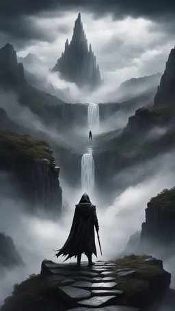 A hooded man standing in the middle of a narrow stone path above the ground gradually getting higher into the clouds no railings, dangerous drop people in black leathers medievil period weather is wet spiraling into the clouds fantasy, a mountain with waterfall showing in the background