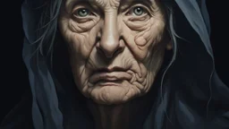 gloomy-looking Elderly hungarian woman, clad entirely in black attire and european black head scharf, exuding a gloomy aura, witch, somber tones, ultra fine detail, high detalied, professional photo, high quality, high textures. mystic and good aura, pale light in background