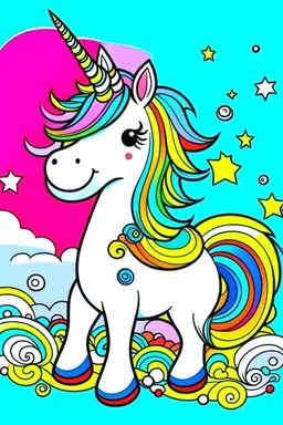 kids illustration, an unicorn, cartoon style, thick line, low details, vivid color