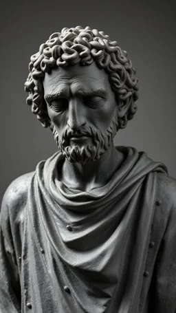 Ceramic style statue all colours are dark gray of an old church man from the 1200 BC in it a whole body and the head of dead man with thick curly hair and his eyes are closed