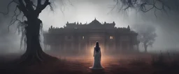 Hyper Realistic Haunted Dark Indian palace & back of Indian bride standing between a Field with dry old tree at heavy foggy night