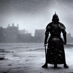 Man standing. Heavy armor. Sword in hand. Dark theme. Medieval castle. Raining cold. Princess in the distance.