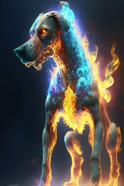 Zombie dog fire humanoid fused ,extremely detailed,crystal clear, mystical colors ,perfectly centered image, perfect composition, rim light, beautiful lighting, 8k, stunning scene, raytracing