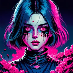 2dcg,retro art style,blue and light pink color,ghoul teenage girl,all black eye,gore,violence,Decapitation,dismemberment,disturbing,Monster,guts,morbid,mutilation,sacrifice,butchery,meathooks,no hands,do not draw hands