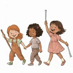 children joyfully walking. Left most child is carrying a parade leader's staff wrapped in ribbon. Right most child is holding batons. improve quality but maintain style.
