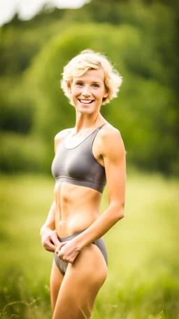 anorexic beautiful woman, age 21, total shot, short anthracite triathlon swimsuit, wavy bob haircut, blonde hair, blurred grass background