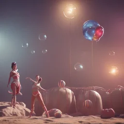 Ultra realistic circus scene. Classic acrobat woman, waist up view, Wes Anderson style, happy, bubbles, highly detailed, concept art, unreal engine 5, god rays, ray tracing, RTX, lumen lighting, ultra detail, volumetric lighting, 3d, finely drawn, high definition, high resolution.