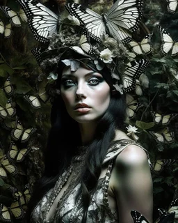 Photography Realistic Beauty Natural colors beautiful young woman adorned with butterflies and lily flowers with white, colors crystals and little moss on them, headdress wearing butterfly embossed dark goth punk shamanism style floral embossed and ribbed dress organic bio spinal ribbed detail of art nouveau background extremely detailed hiperrealistic maximalist portrait art