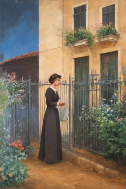 Night, one woman, house, vegetations, flowers, metal gate, dirt, alfred stevens, and anna boch paintings