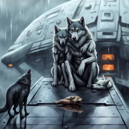 digital art front in picture an of little dark dog like creature stands and looking an anthropomorphic wolf couple sitting on the spaceship's ramp close together, the pale gray female wolf sits behind strong male wolf and puts one paw on the dark gray wolfman's shoulder, raini day, on ramp a little piece of meat lies down, high contrast, high detalied, high realistic, in background detail of an angular spaceship visible. Rain, The atmosphere is a seamless blend of sci-fi, dark fantasy