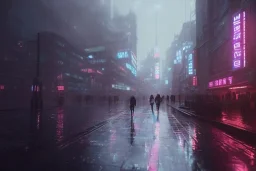 3D, beautiful, light reflecting, empty future city at night, rainy night, neon, cyberpunk, tron, one cyborg walking, 8k, finely detailed, photo realistic