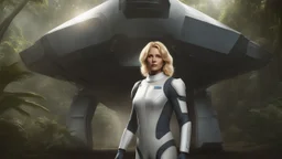 A photorealistic image of an adventurous, slender, 50-year-old woman from the future, dressed in a fitted, full-body spacesuit, stands proudly beside her huge, wide, sleek, wingless cargo starship. Her uncombed, blond hair has bangs. She is standing on a metal box in a jungle clearing.