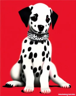 dalmatian puppy, tilting head, sitting on kitchen floor, red collar, black paw prints on floor