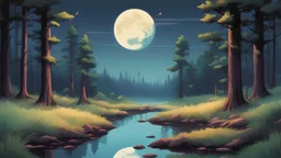 a 16 bit color, beautiful, serene forest scenery, trees, moon, stream, grass, reflection, evening time.