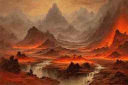 underground world, mountains, lava stream, young wyvern, distant village of dunmer buildings, japanese style landscape influence, willem maris and friedrich eckenfelder impressionism painting