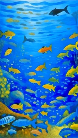 A blue underwater cove filled with fish painted by Georges Seurat