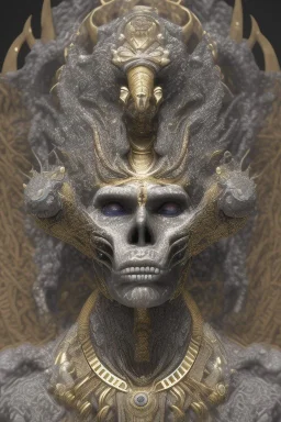 Anunnaki black male African Egyptian alien, cracks in the voodoo head, wicked, eyes, Elephant, 8k, finely detailed, photo realistic, tiger turquoise skull head gold dragon crown space alien snow skeleton gold olmec silver crown silver eyes