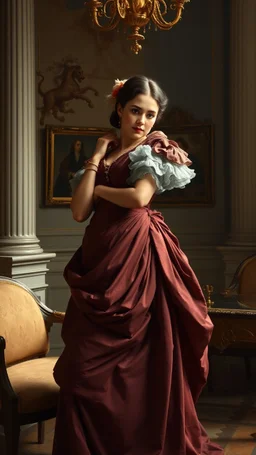 18th-century French woman in elegant attire, posing in a luxurious setting, with neoclassical influences and subtle chiaroscuro, reminiscent of Jacques-Louis David's style, with delicate brushstrokes and soft, golden lighting.