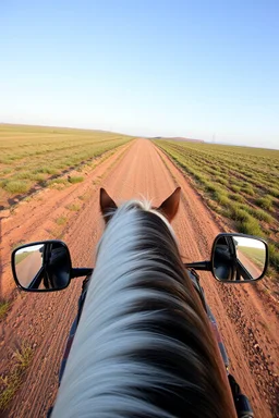 A man on horseback, top view, two car side mirrors are fixed on the horse sides