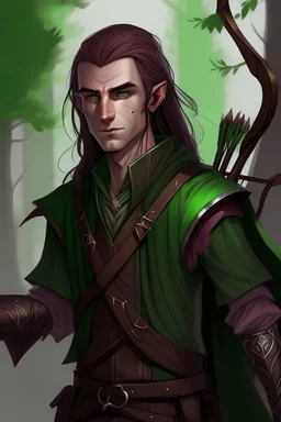 Male wood elf, rogue assassin, light brown skin, bright green eyes, mauve longish hair, all black leather, friendly, trees, stoner, long bow