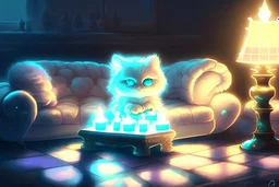 cute chibi fluffy beige bioluminescent cat playing chess sitting on a sofa next to a glowing tiffany lamp in a modern room