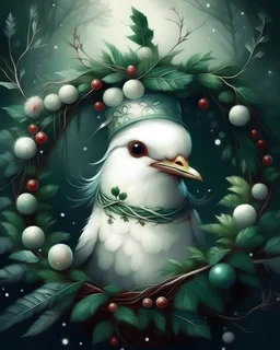 portrait Cute fantasy white Christmas bird wearing a wreath around neck; big pine trees all around; in the style of Sebastio Salgardo