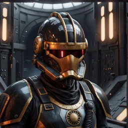 star wars bald male corellian pilot wearing pearlescent black and gunmetal grey First Order special forces heavy assault stealth commando armor and helmet with gold trim inside the jedi temple, hyperdetailed, dynamic lighting, hyperdetailed background, 8k resolution, volumetric lighting, light skin, fully symmetric details