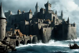 (photo of a movie by Ray Harryhausen) An epic, high res photo of Aethelgard, an impregnable fortified medieval port city. Massive dark stone walls rise directly from the churning ocean, fortified with bastions, turrets, and ramparts. Gothic spires and densely packed timber houses are clustered within. The protected harbor is filled with hundreds of medieval sailing vessels (carracks, cogs, caravels), the main entrance guarded by two massive sea towers and a heavy iron chain. Dramatic, stormy, t