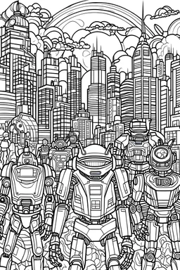 Picture of the RoboFriends celebrating in a futuristic cityscape. For coloring in book, thick lines,no background
