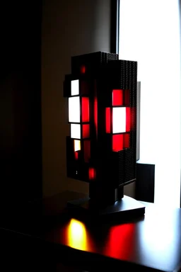 gaming lamp, form inspired by stark tower, architecture form, modern design style and black and red color