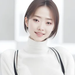 close-up, bright portrait photo, beautiful Korean girl, artificial avatar, smiling, tight turtleneck, symmetrical, minimalism, white background