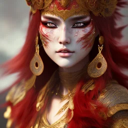 Barbarian anime character, animal hide armor, physically fit, tribal tattoos, scars, washboard abs, red facepaint, red hair, dark eyeshadow, intricate eyeliner, soft round eyes, beads in hair, 8k resolution, cinematic smooth, intricate details, vibrant colors, realistic details, masterpiece, oil on canvas, smokey background