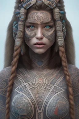  Photorealistic Portrait voluptuous female Maori Chief iron maiden rainbow Maori tribal tattoos, bow with arrows, full detail, 8k Neko Erokawa, style of Zootopia