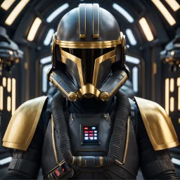 star wars bald male corellian pilot wearing gunmetal grey and black First Order TIE pilot armored flightsuit and helmet with gold trim inside the jedi temple, centered head and shoulders portrait, hyperdetailed, dynamic lighting, hyperdetailed background, 8k resolution, volumetric lighting, light skin, fully symmetric details