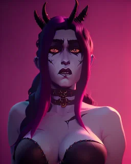 art of a short Succubus women with small black ram horns and deep red hair and green eyes, soft lighting, complimentary pastel gradients, high definition, 3d icon clay render, blender 3d